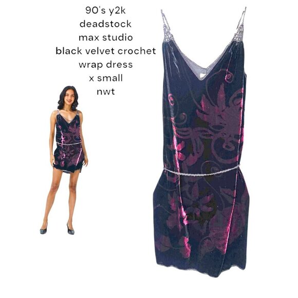 90's‎ y2k vintage deadstock max studio black velvet crochet dress x small nwt - Picture 1 of 3